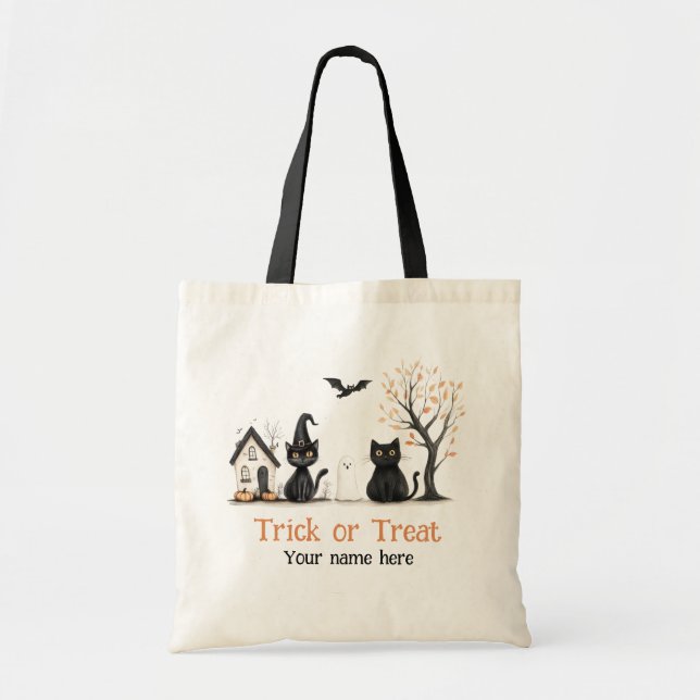 Tote Bag Cute Chats Noirs Trick ou Treat Nom personnalisé (Devant)