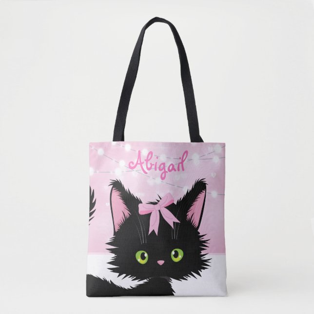 Tote Bag Cute chatte personnalisée Chat rose et chaton blan (Devant)