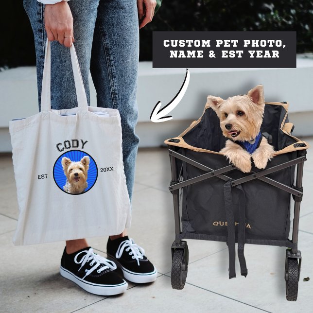 Tote Bag Cute Chien Photo Nom de l'animal de compagnie EST  (Cute Custom Dog Photo with Pet's Name and Est Year or Birthday Varsity Font Tote Bag Pet Lovers Gift)