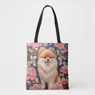 Tote Bag Cute Chien Poméranien Rose Floral