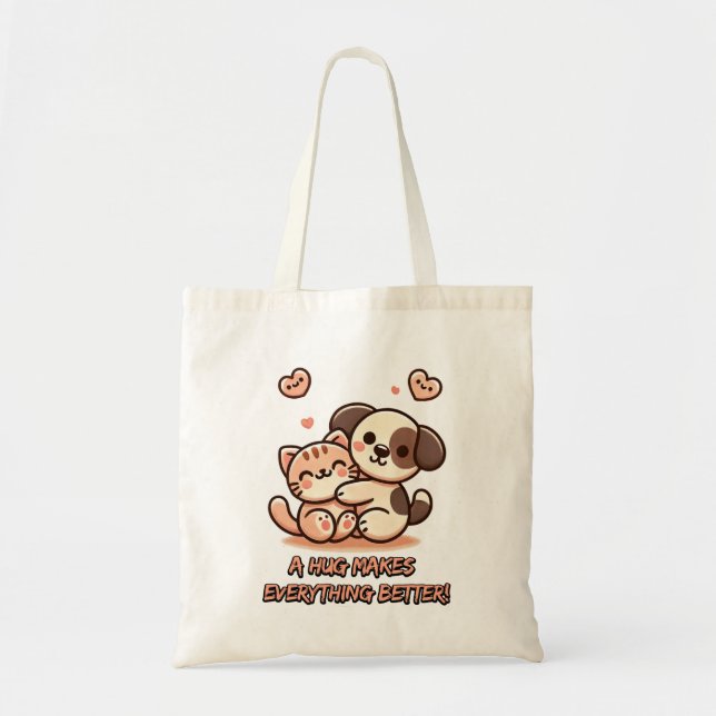 Tote Bag Cute Chiot & Kitten Hug - Adorable Design Kawaii (Devant)