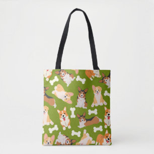 Tote Bag Cute Corgi Motif Vert
