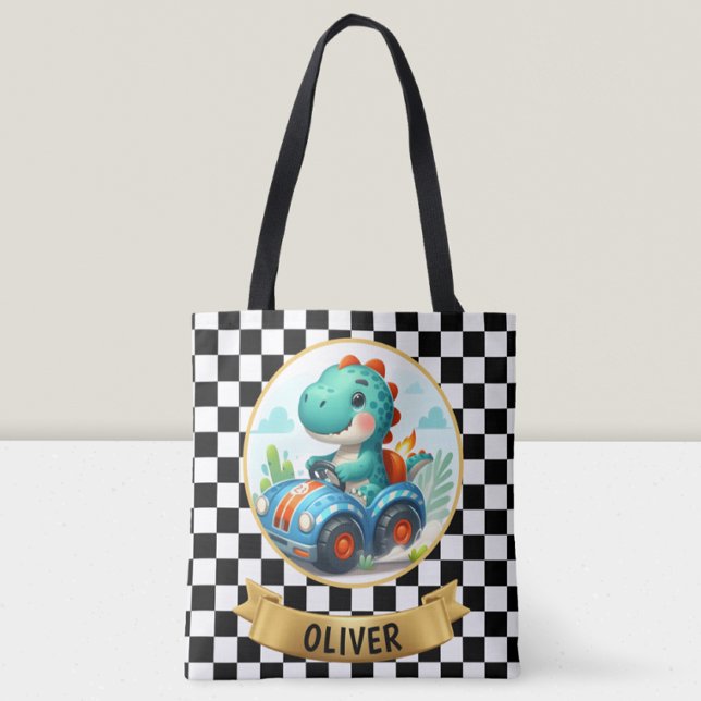 Tote Bag Cute Dinosaur conduire une voiture de course (Créateur téléchargé)