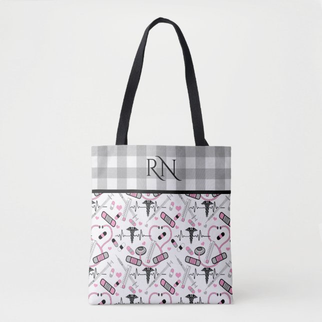 Tote Bag Cute EKG Nurse | Médecin Motif Monogramme (Devant)
