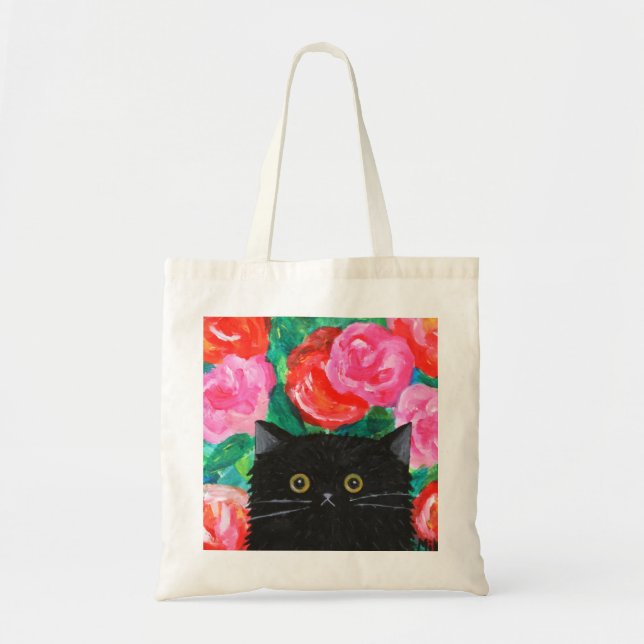 Tote Bag Cute Fluffy Chat noir avec Roses rouges et roses (Devant)