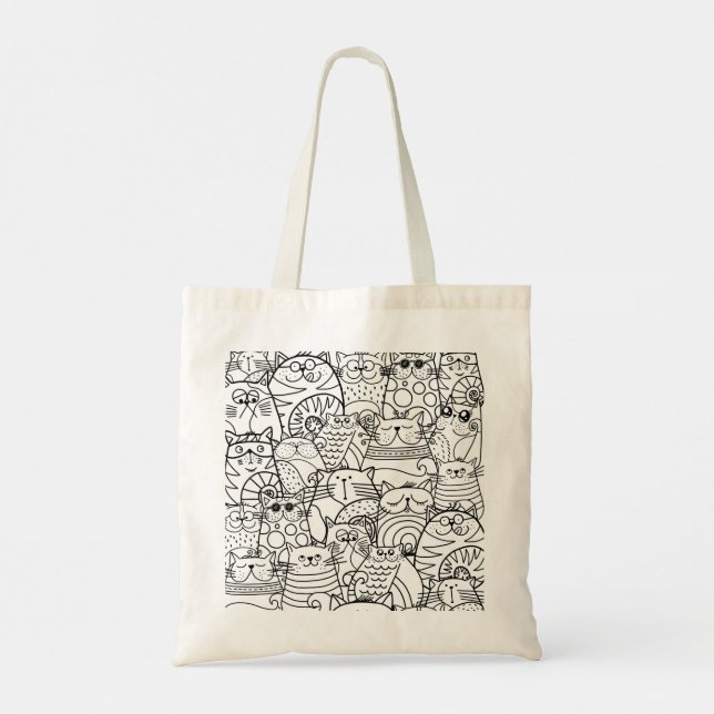 Tote Bag Cute Funny Foule de Cartoon Zen Chats Noir Blanc (Dos)