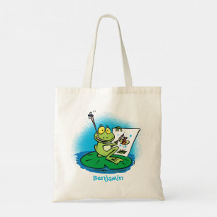 Tote Bag Cute funny green frog cartoon illustration 