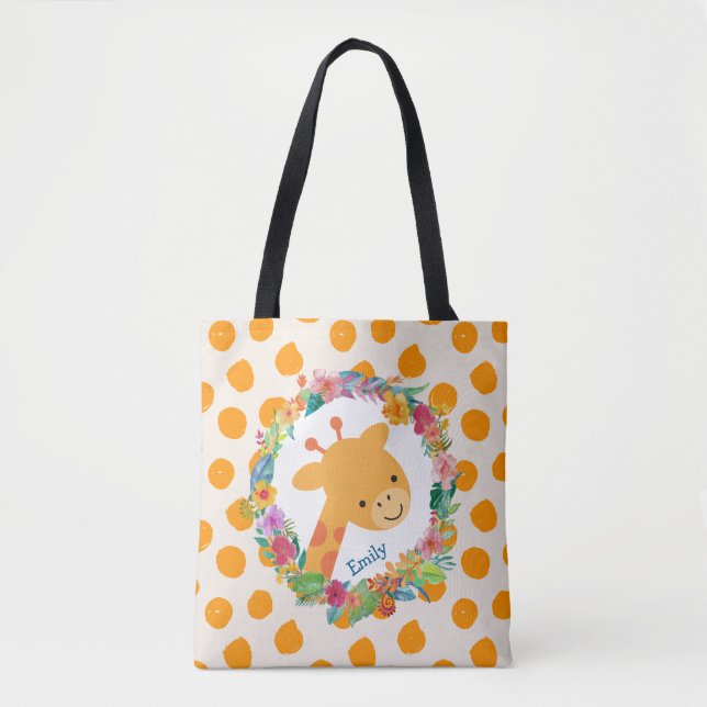 Tote Bag Cute Giraffe avec une aquarelle fleurie Wreath (Devant)