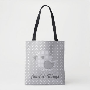 Tote Bag Cute Grey Baby Bird and Polka Dot Personnalisé