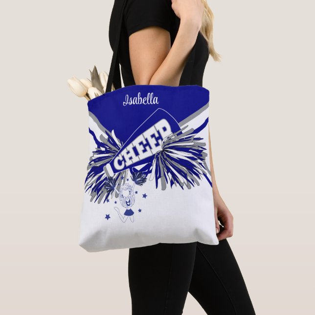 Tote Bag Cute Gris, Blanc et Bleu Pom-pom girl Design 2 (De près)