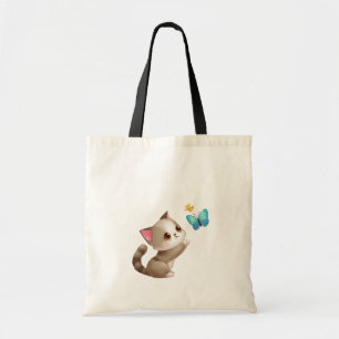 Tote Bag Cute Gris Rose Chat Jouer Bleu Jaune Beurre