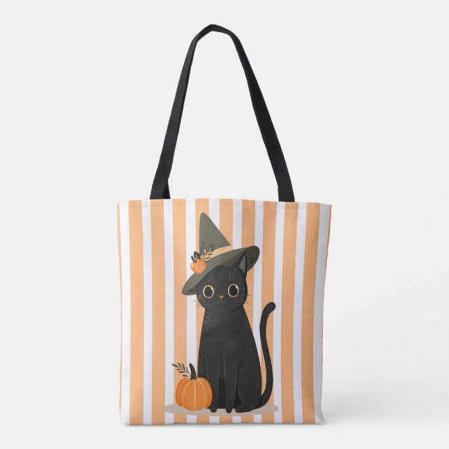 Tote Bag Cute Halloween Black Cat with Witch Hat Pumpkin (Dos)