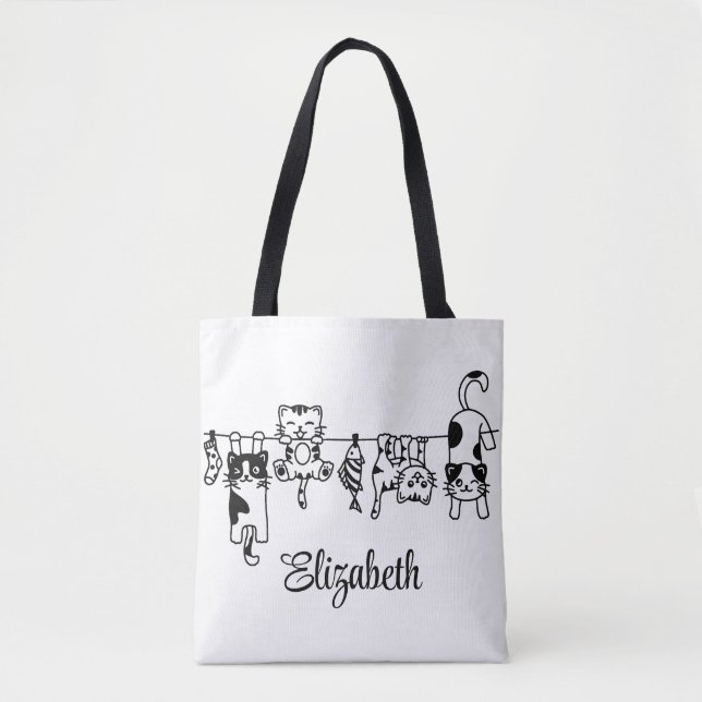 Tote Bag Cute Hanging Kittens Custom Name (Devant)