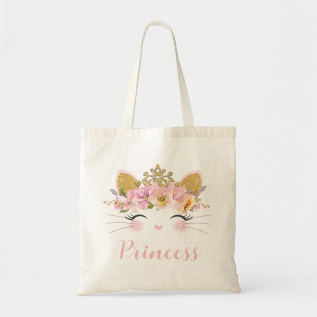 Tote Bag Cute Happy Kitty Chat Princess Floral Gold Crown (Devant)