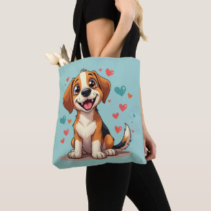 Tote Bag Cute Kawaii Beagle avec Coeurs Jouer Chien Art