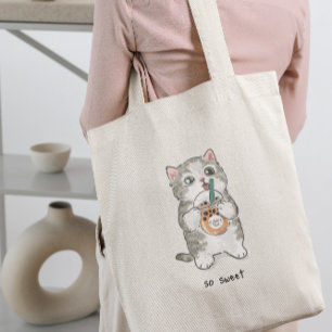 Tote Bag Cute Kawaii chat Boire Boba Tea