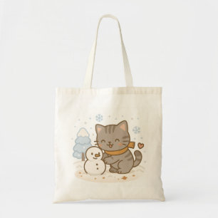 Tote Bag Cute Kawaii Chat et Snowman Winter Wonderland