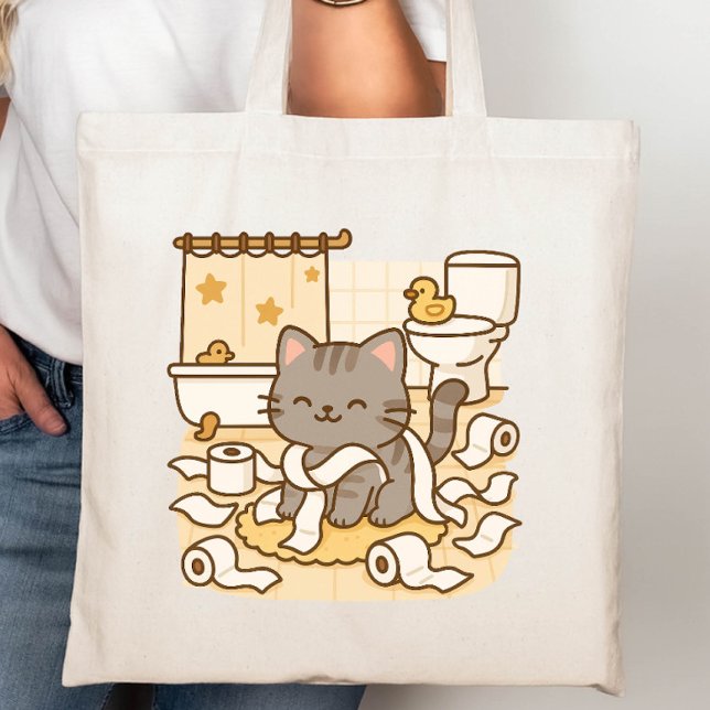 Tote Bag Cute Kawaii Kitty Chat Jouer avec des rouleaux de  (Créateur téléchargé)