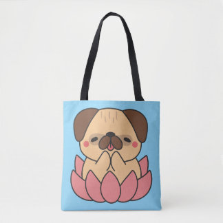 Tote Bag Cute Kawaii Meditating Pug Lotus Flower Zen Dog