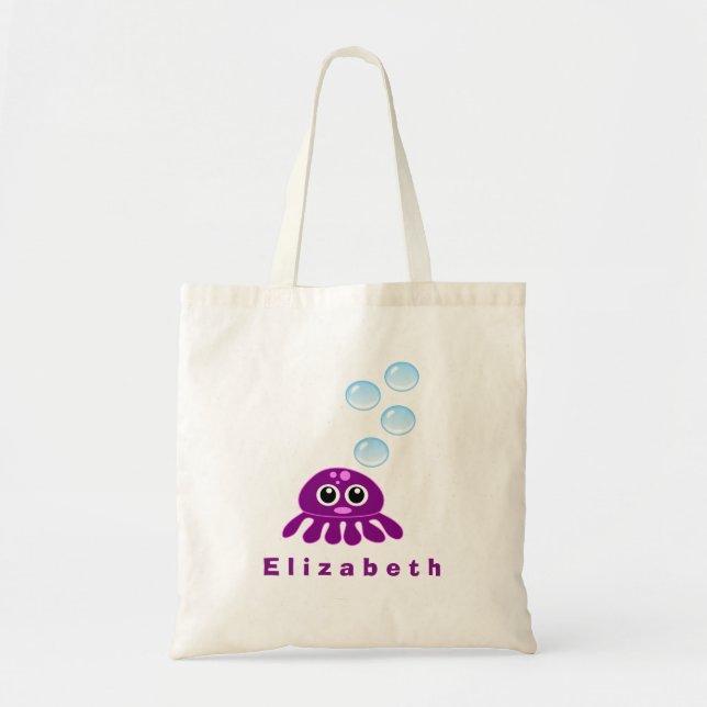 Tote Bag Cute Kawaii méduse violette avec des bulles bleues (Devant)