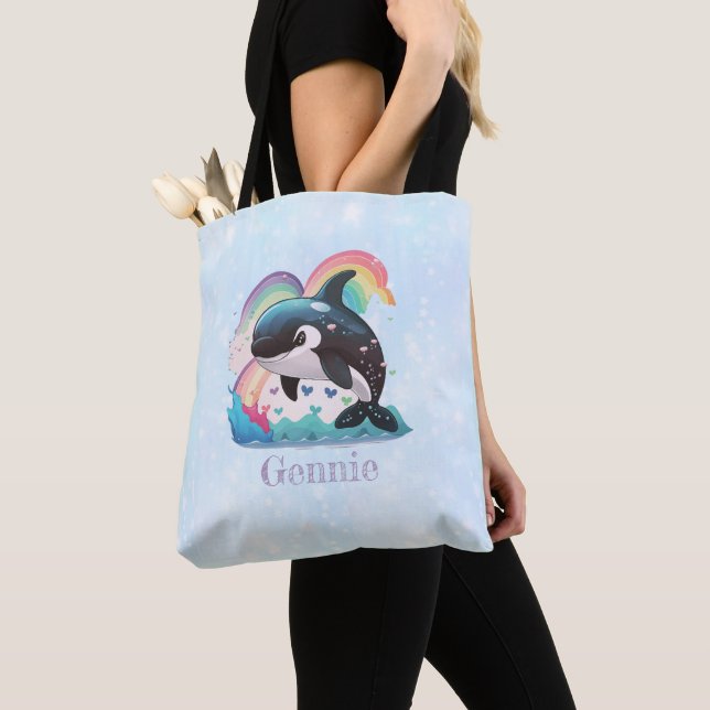 Tote Bag Cute Kawaii Orca Killer Whale Rainbows Papillons (De près)