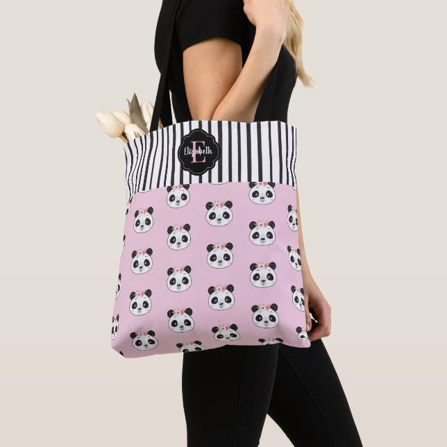 Tote Bag Cute Kawaii rose noir panda Monogramme (De près)