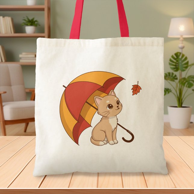 Tote Bag Cute Kitten Cat Red Yellow Umbrella Fall (Créateur téléchargé)
