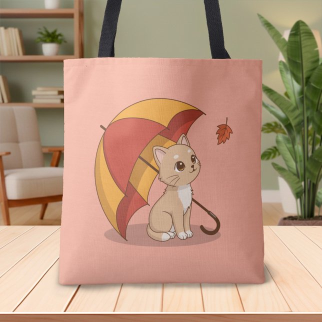 Tote Bag Cute Kitten Cat Red Yellow Umbrella Fall Pink (Créateur téléchargé)