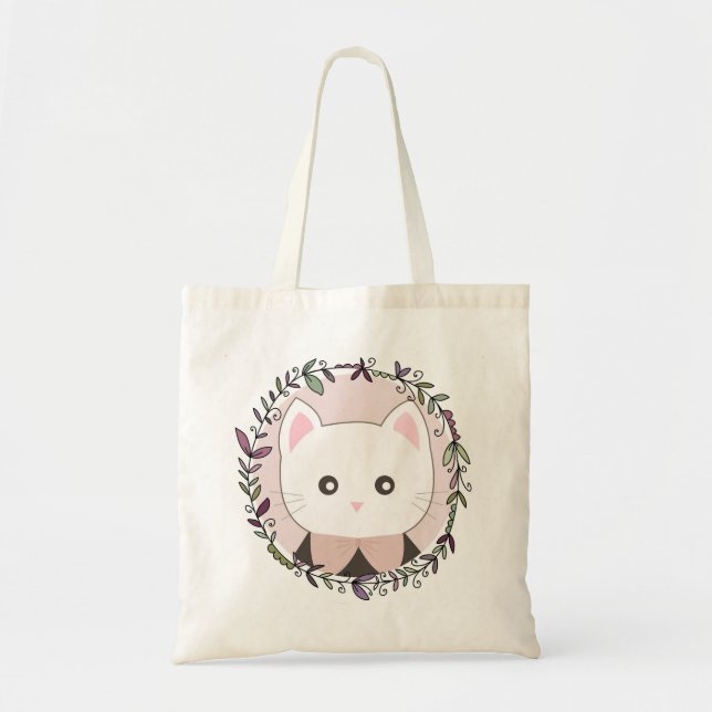 Tote Bag Cute Kitten encadré de fleurs (Devant)