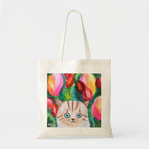 Tote Bag Cute Kitten in Tulip Garden Cat Art adorable