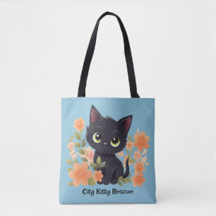 Tote Bag Cute Kitten noir avec fleurs