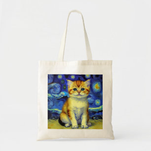 Tote Bag Cute Kitten Starry Night Van Gogh