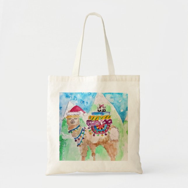Tote Bag Cute Llama Joyeux Noël Aquarelle art (Devant)