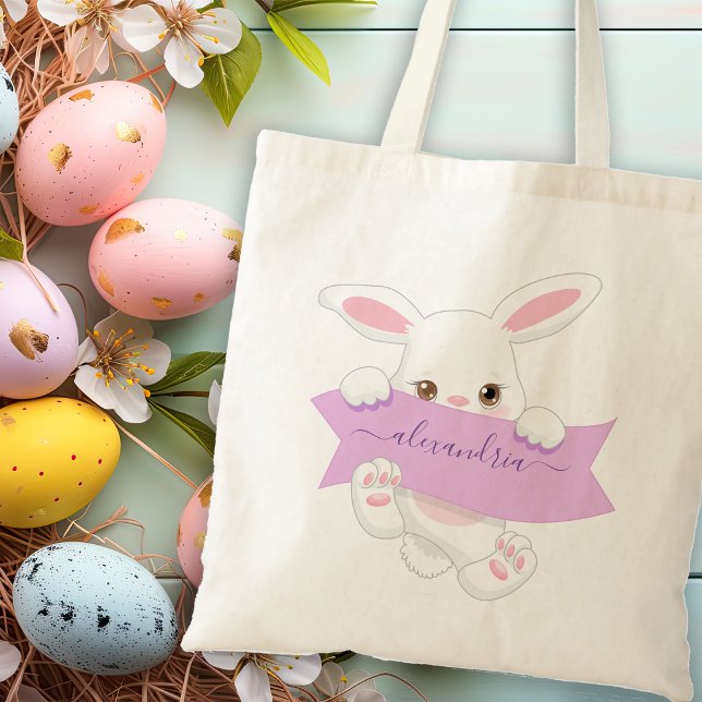Tote Bag Cute mignonne violet Ribbon de Pâques fille lapin (Personalized Cute Purple Ribbon Easter Bunny Girl Tote Bag)