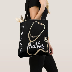 Tote Bag Cute Nurse Gold Stethoscope Noir minimaliste