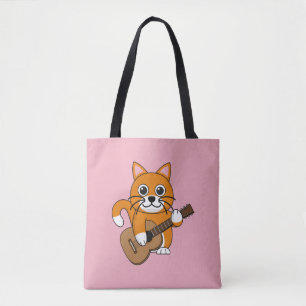 Tote Bag Cute Orange Chat Blanc Jouer Caricature Guitare