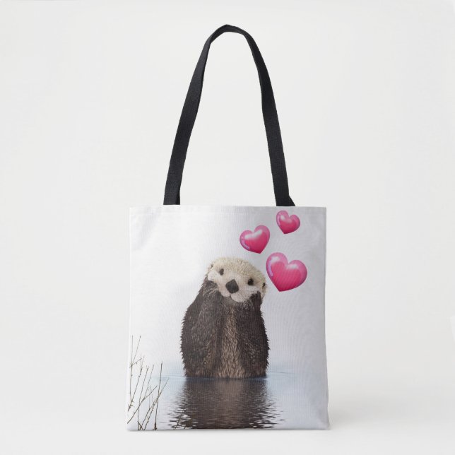 Tote Bag Cute Otter avec Love Hearts (Devant)