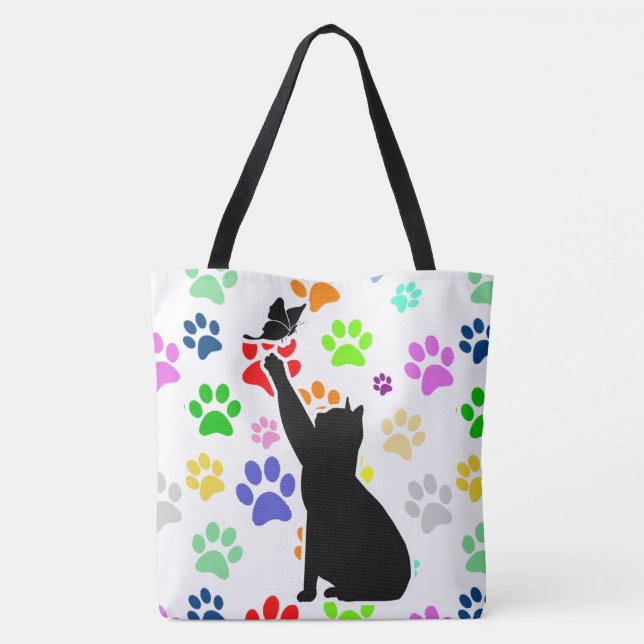 Tote Bag Cute Paw Motif Chat Chasser un papillon (Dos)