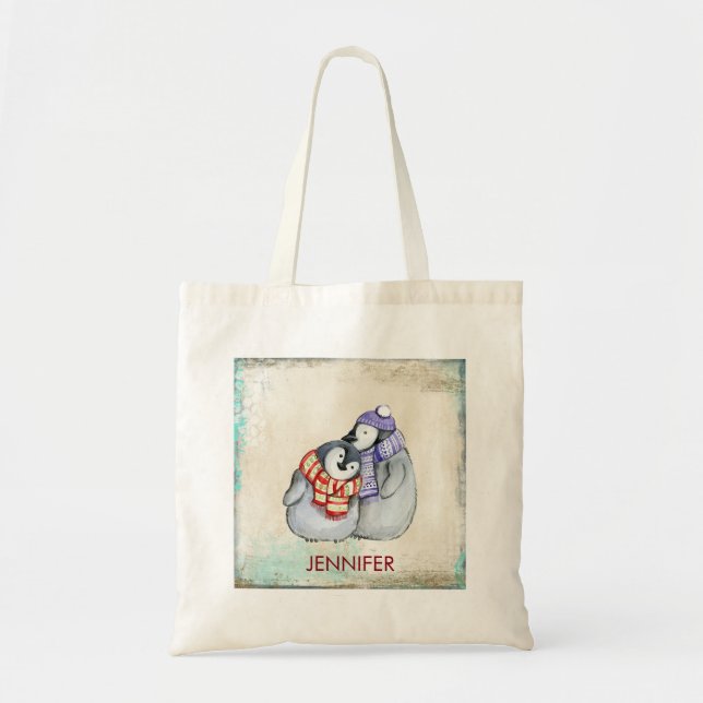 Tote Bag Cute Penguins en écharpes et chapeaux d'hiver pers (Devant)