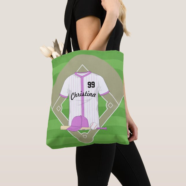 Tote Bag Cute Personnalisée Baseball rose (De près)
