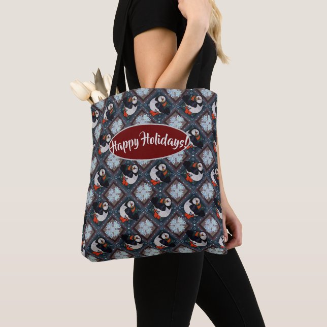 Tote Bag Cute Puffin Birds Motif d'hiver (De près)