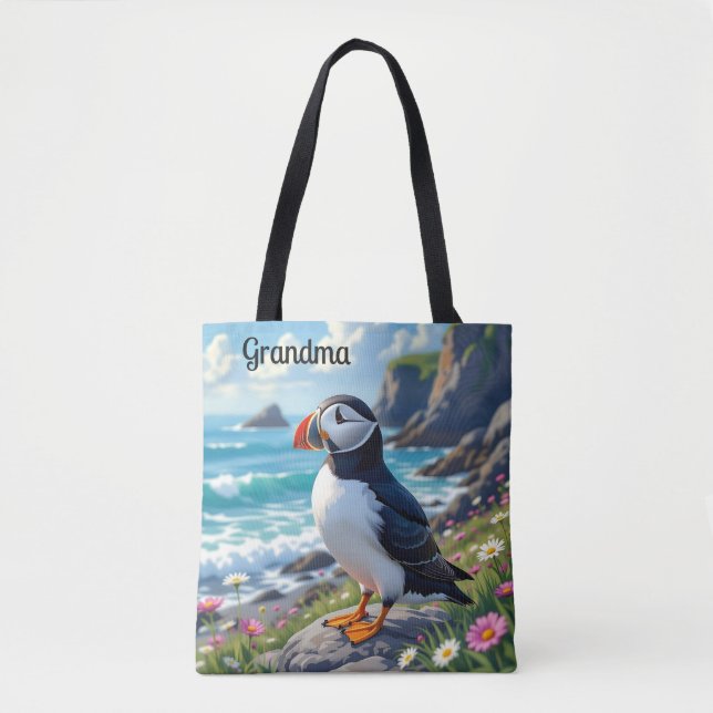 Tote Bag Cute Puffin on the Seashore themed Personalized (Devant)