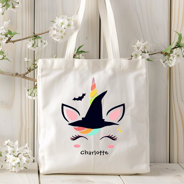 Tote Bag Cute Rainbow Halloween Unicorn Nom personnalisé (Créateur téléchargé)