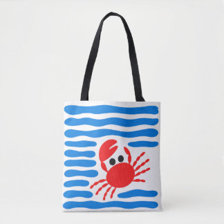 Tote Bag Cute Red Crab & Blue Waves Coastal
