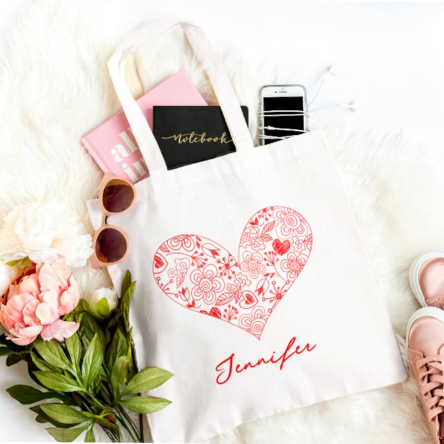 Tote Bag Cute Red Valentine's Day Floral Heart Nom personna (Créateur téléchargé)
