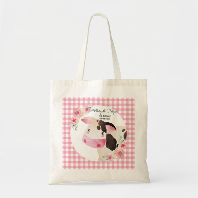Tote Bag Cute Rose En vichy Vache Anniversaire Animaux de f (Devant)