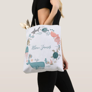 Tote Bag Cute Sea Creatures Aquarelle Bouche personnalisée