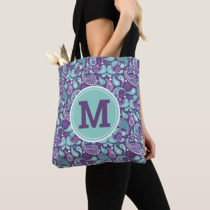Tote Bag Cute Shabby Chic Purple et bleu Paisley Monogramme