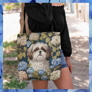 Tote Bag Cute Shih Tzu Chiot Blue hydrangea fleurs