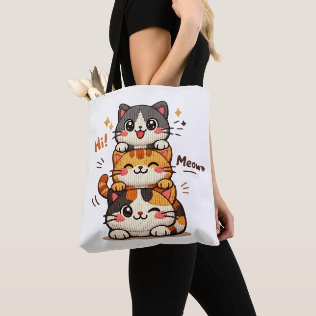 Tote Bag Cute Stack Cats Hi Meow (De près)